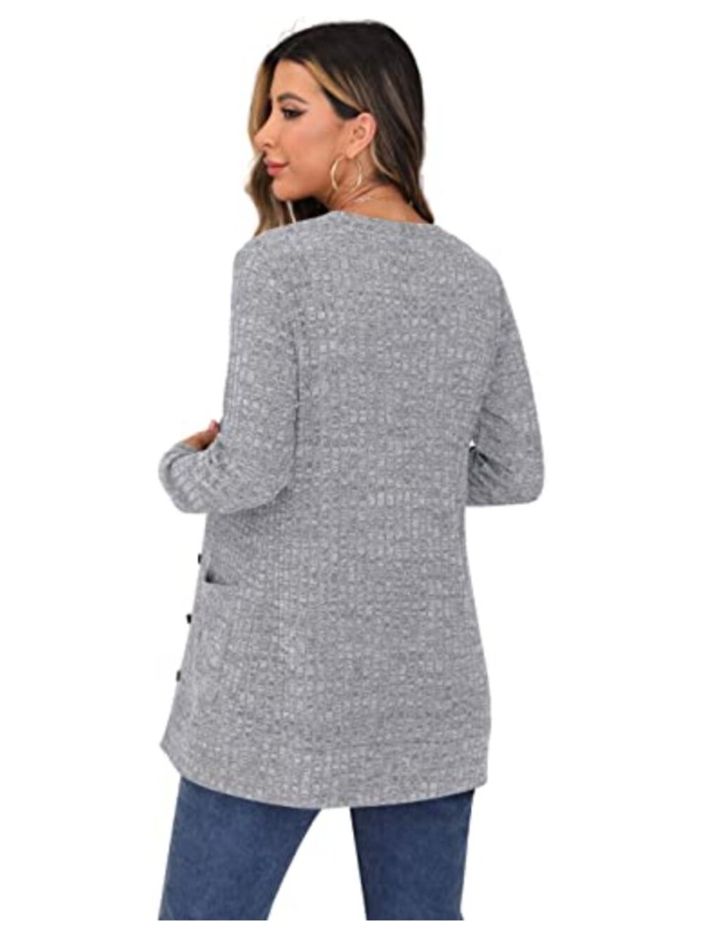 Open Front Button Down Ribbed Knit Cardigan with Pockets Lightweight - Picture 4 of 5